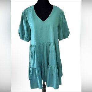 NWT A.N.A. Babydoll Short Green L Dress 100% Cotton Tiered V-Neck Puff Sleeves
